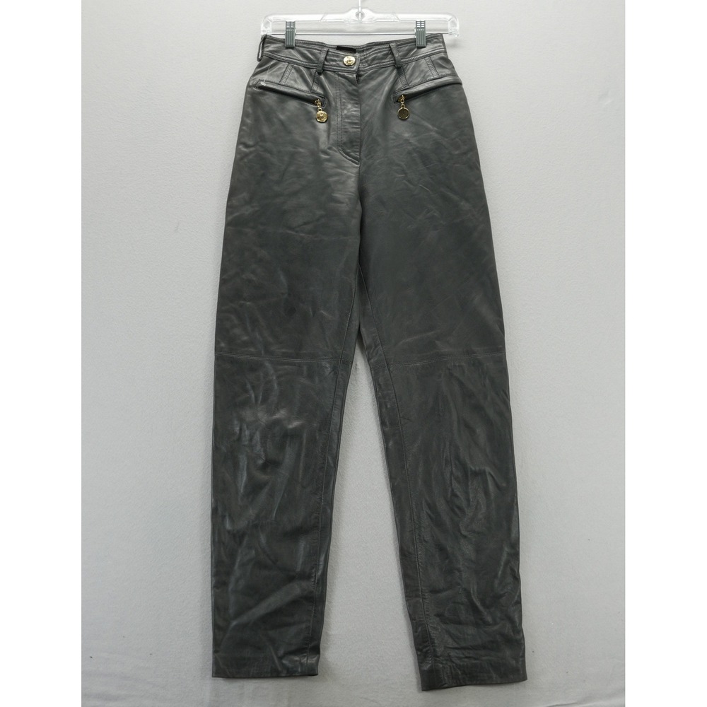 Escada Margaretha Ley VTG Grey Leather Pants High Rise Straight Leg Slovenia 34
